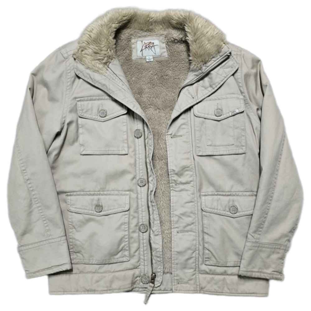 VTG Kirra Utility Military Jacket Mens Large Beige Fur Lined Full Zip Y2K‎